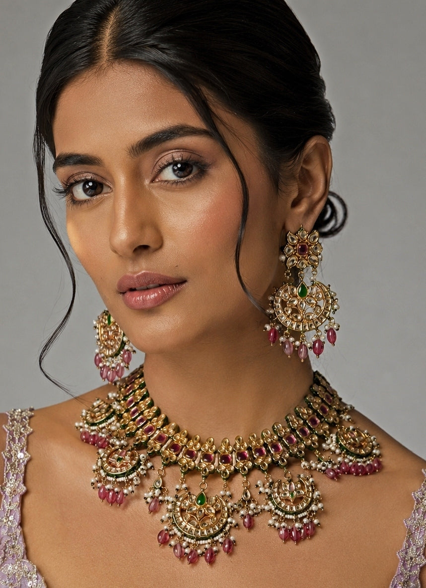 Pink And Green Kundan Choker Necklace Set