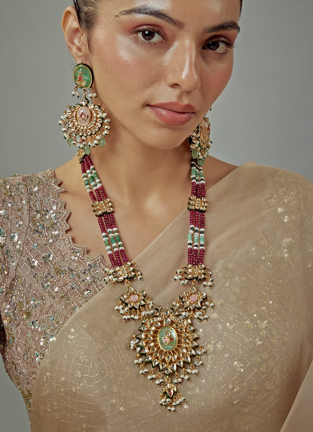 Gold Plated Maroon Beaded Long Necklace Set