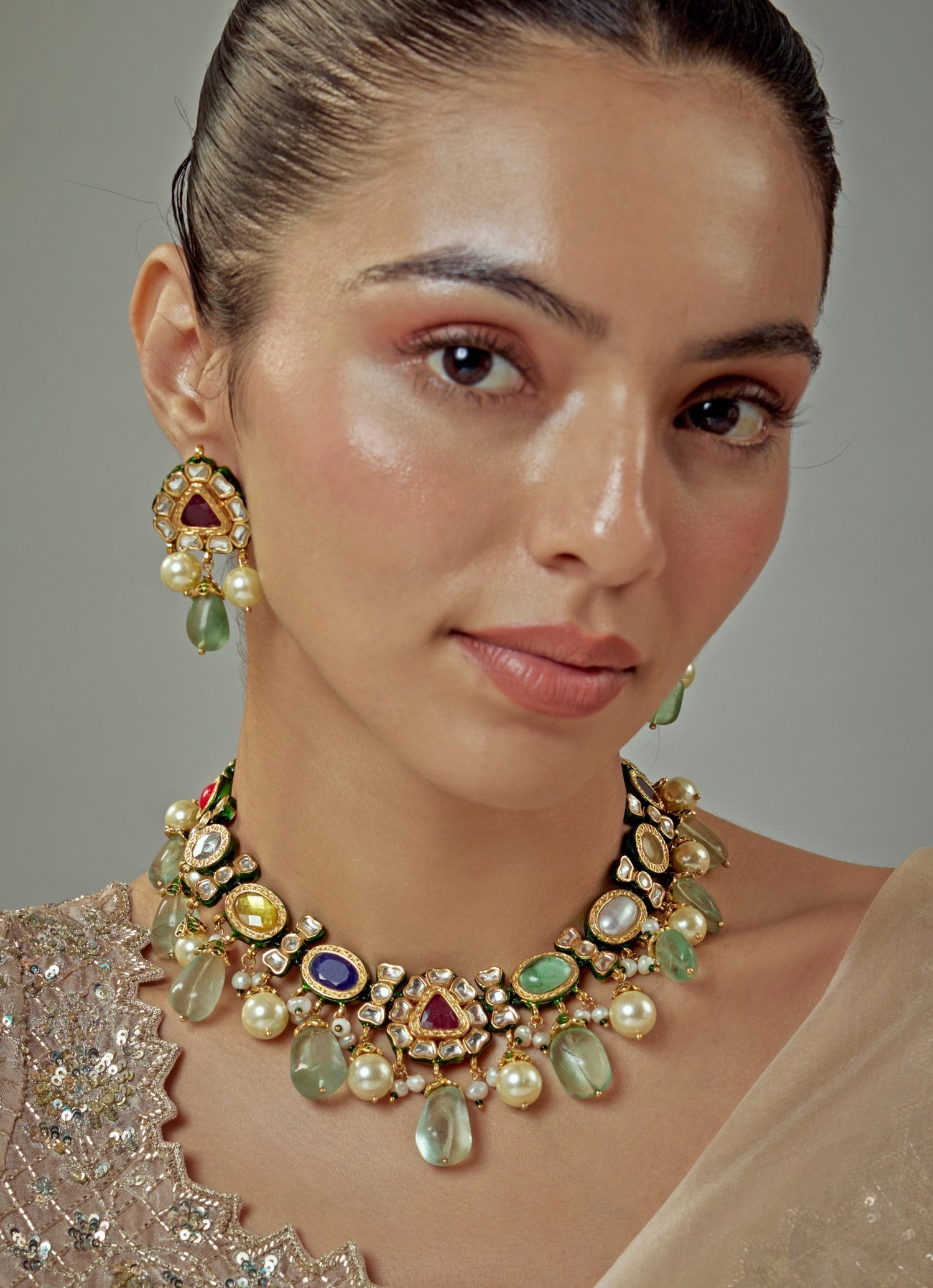 Gold Plated Multi Kundan Polki Choker Necklace Set