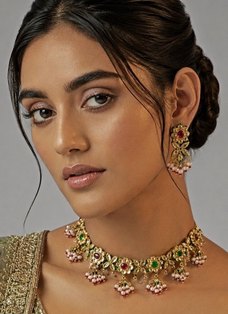 Multicolor Kundan Choker Set With Pearl Drops