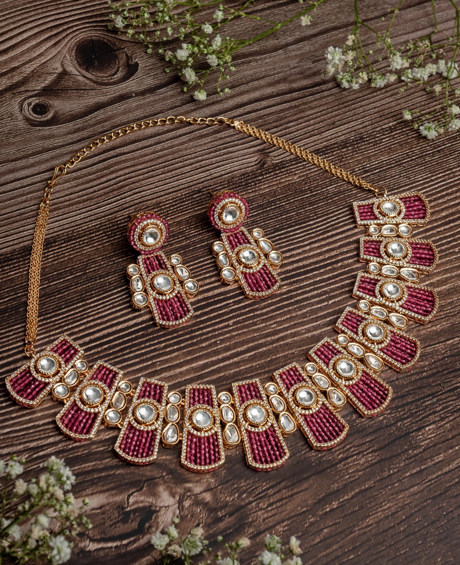 Gold Plated Pink Ruby And White Choker Necklace Set