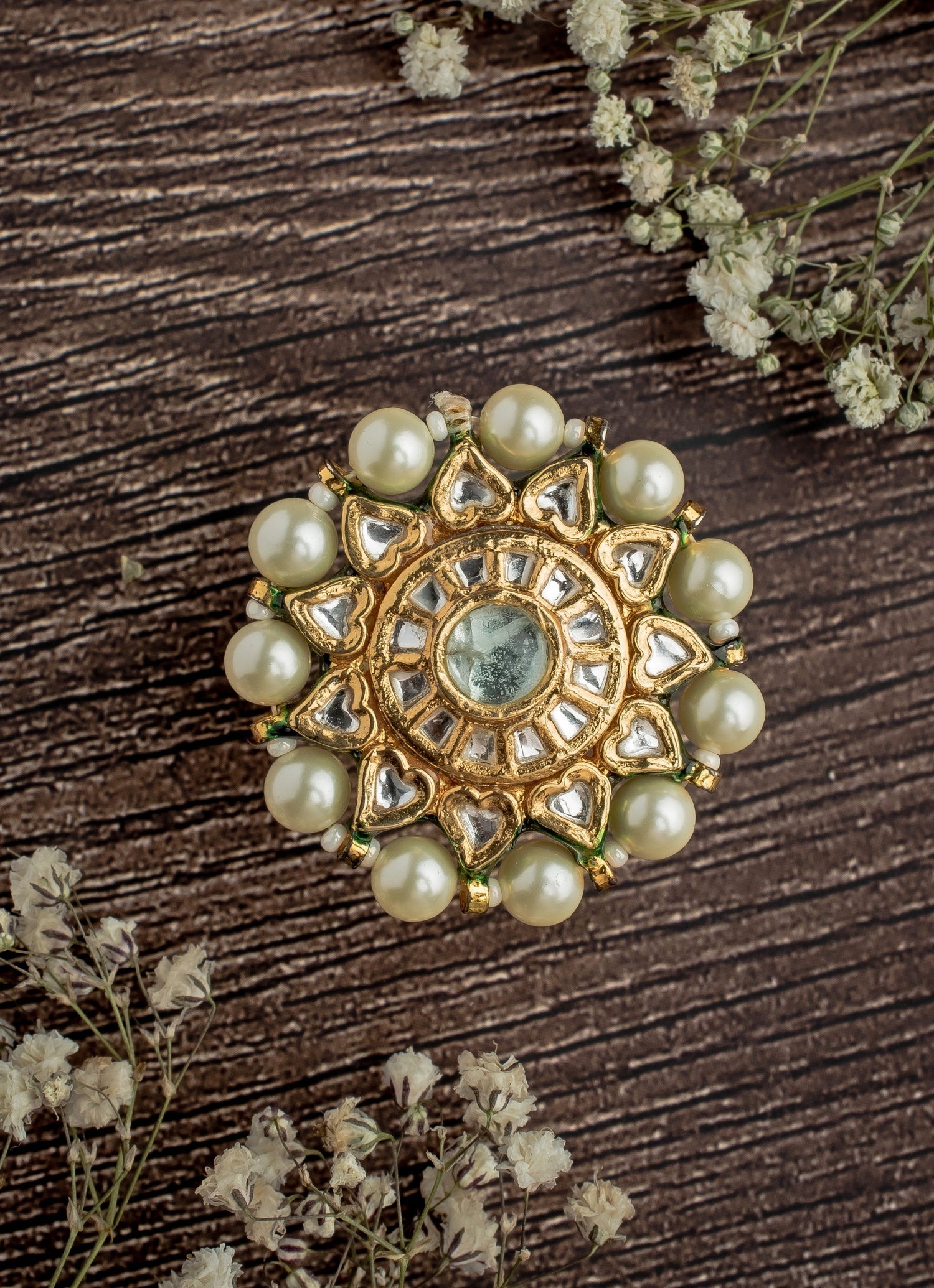 Gold Plated Green Kundan And Polki Ring
