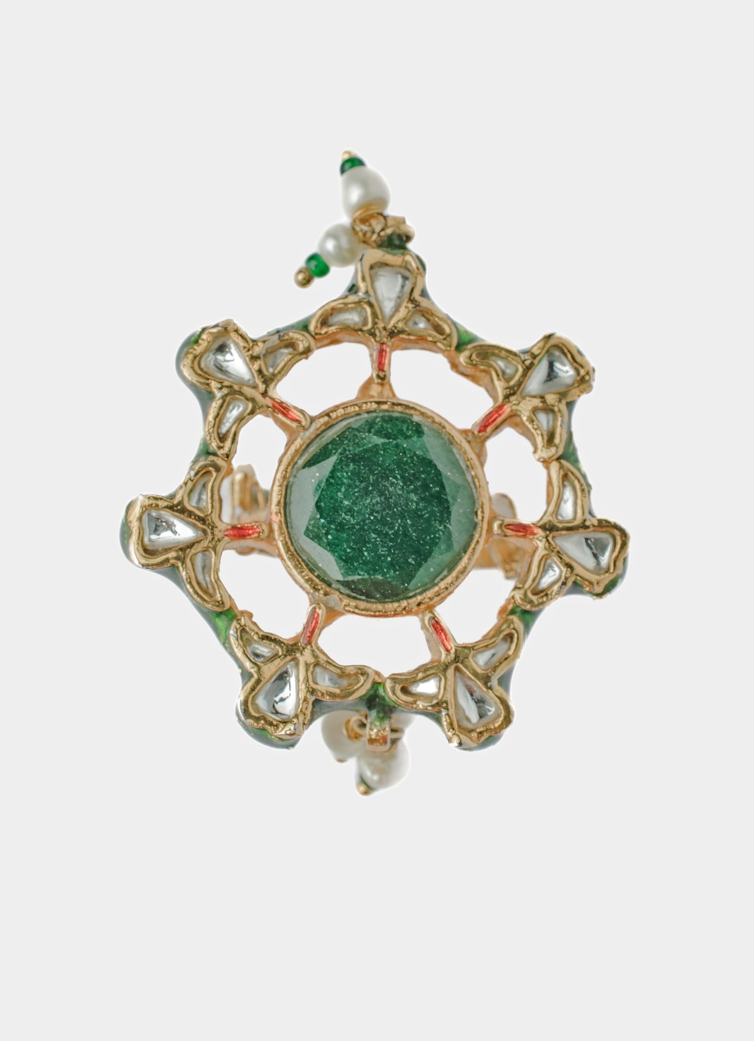 Gold Plated Green Beaded Kundan Ring