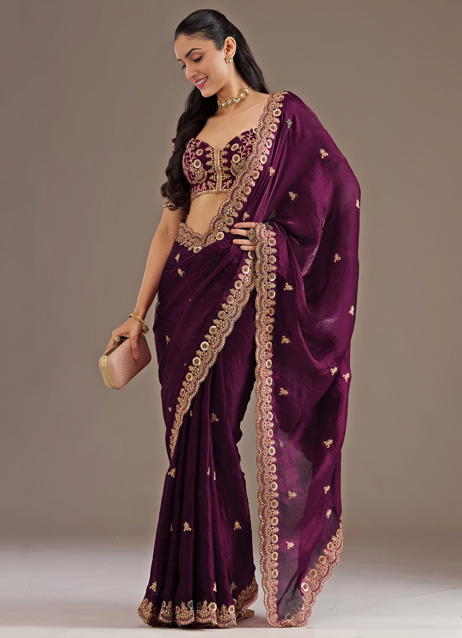 Wine Embroidered Tissue Saree