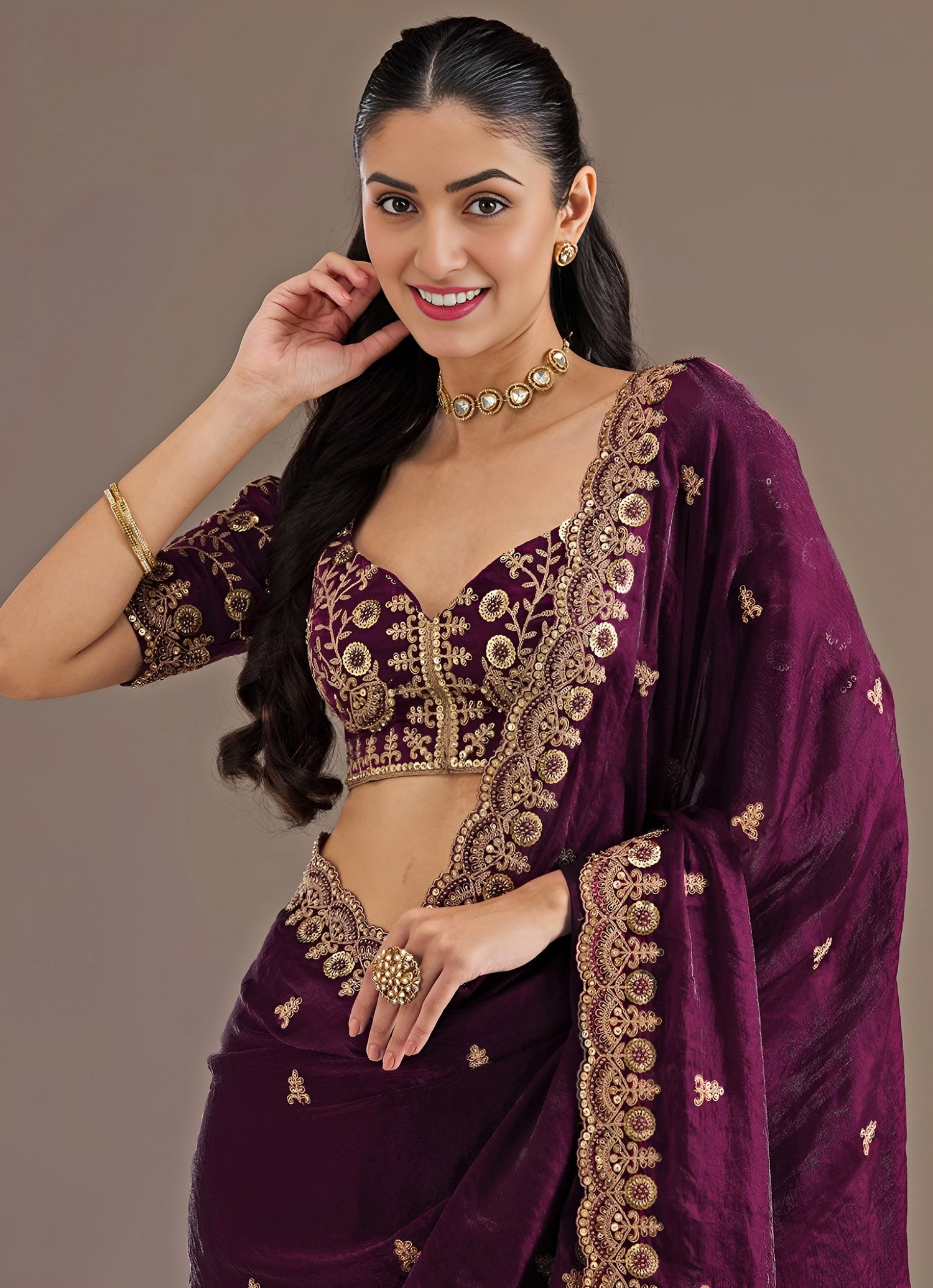 Wine Embroidered Tissue Saree