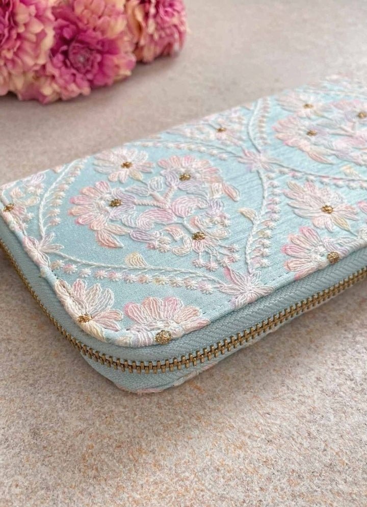 Baby Blue Embroidered Zip Wallet