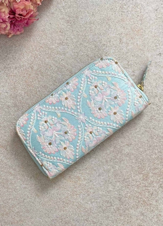 Baby Blue Embroidered Zip Wallet