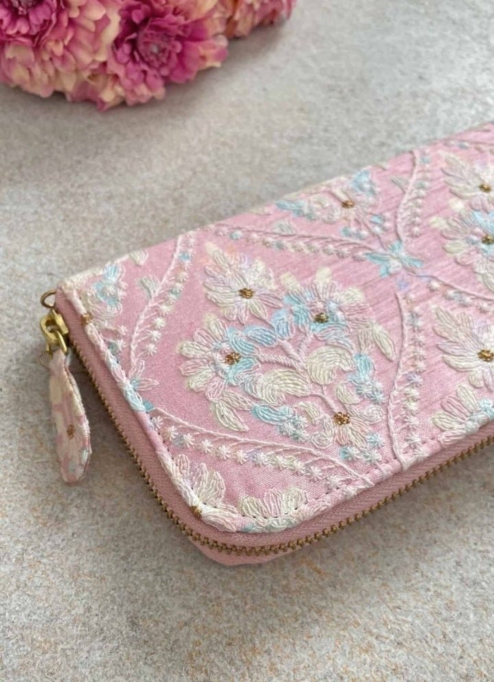 Baby Pink Embroidered Zip Wallet