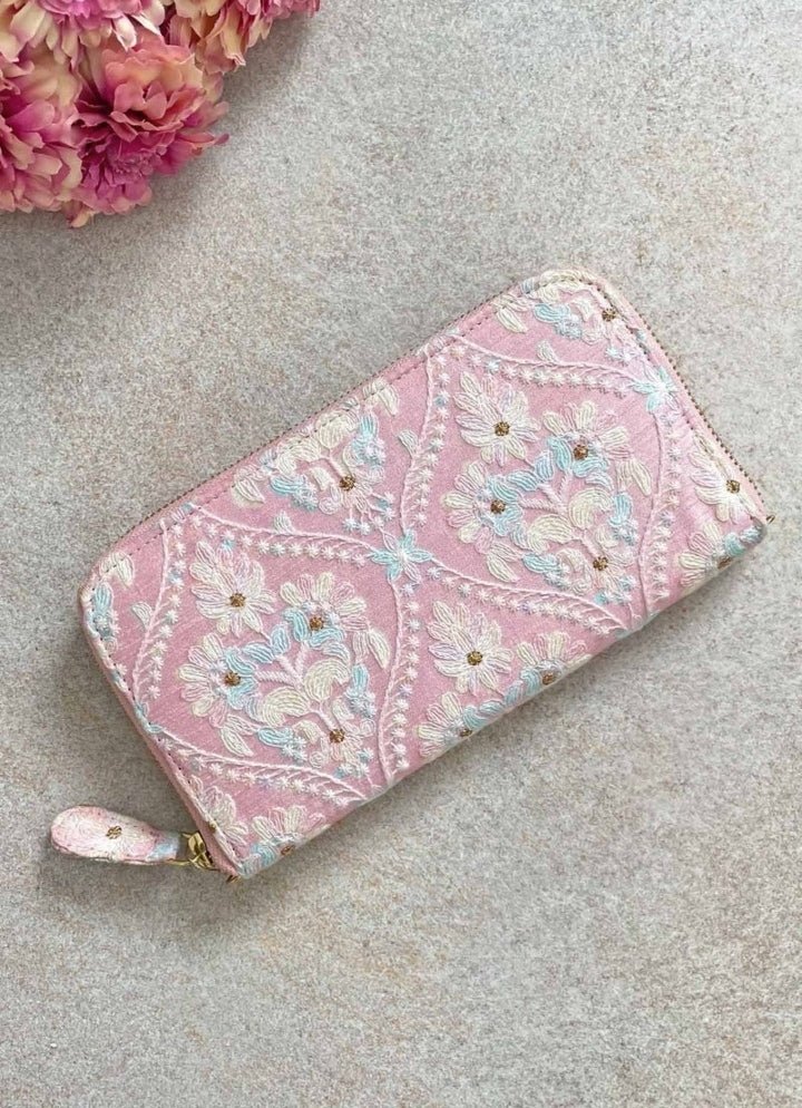 Baby Pink Embroidered Zip Wallet