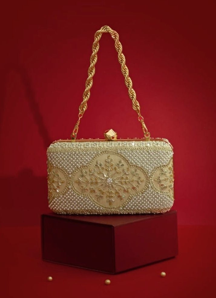 Amyra Beige Silk Pearl ClutchShop Jashn
