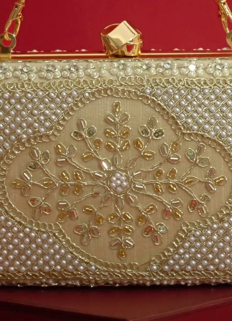 Amyra Beige Silk Pearl ClutchShop Jashn