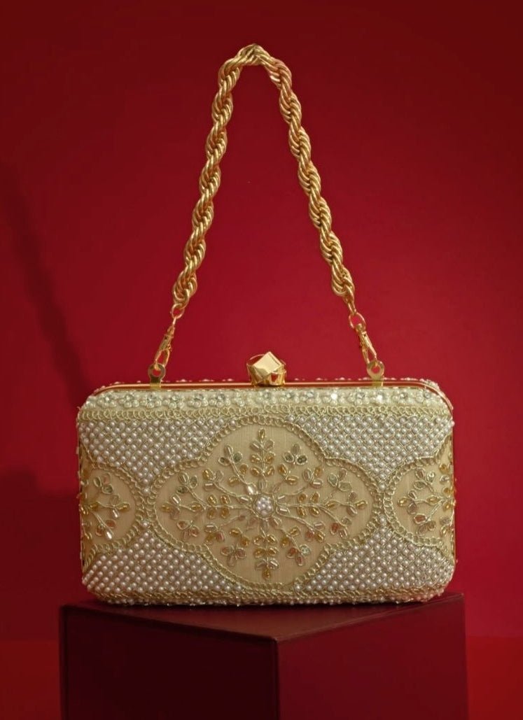 Amyra Beige Silk Pearl ClutchShop Jashn