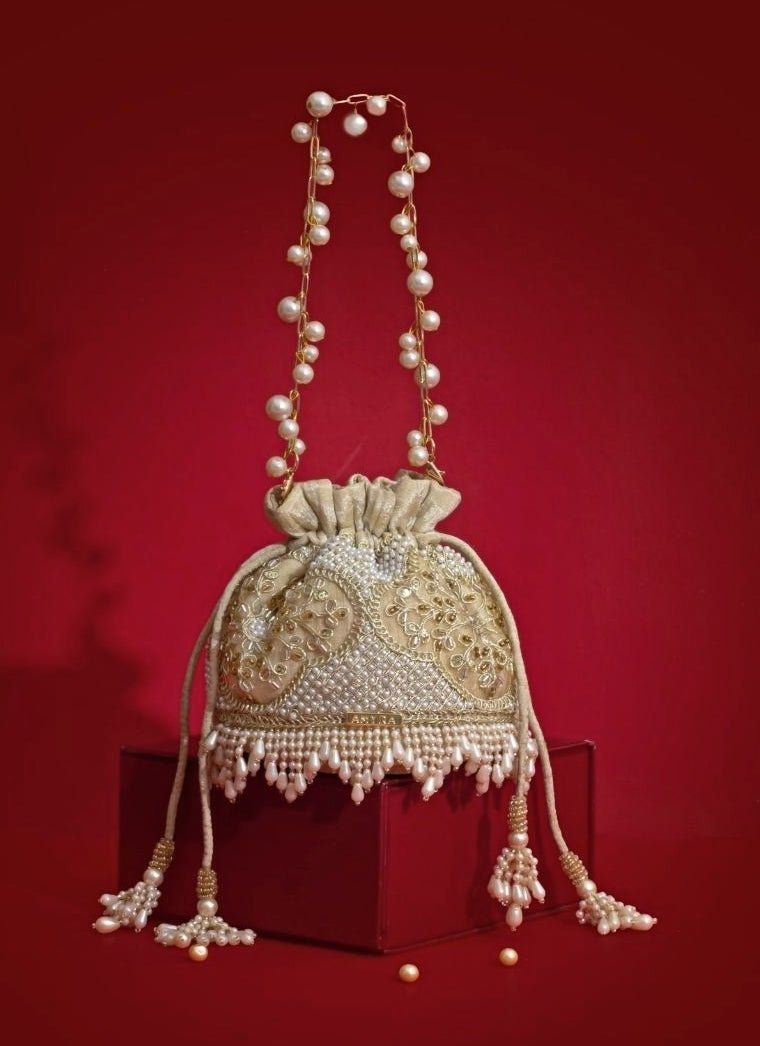 Amyra Beige Silk Pearl PotliShop Jashn