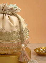 Amyra Beige Silk Potli With Mint Green And Pink WorkShop Jashn