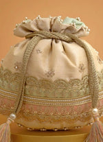 Amyra Beige Silk Potli With Mint Green And Pink WorkShop Jashn