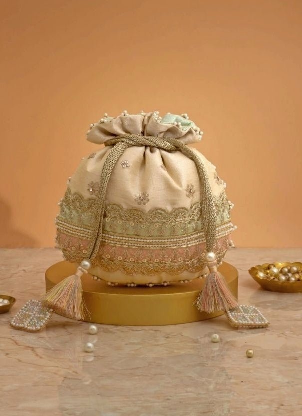 Amyra Beige Silk Potli With Mint Green And Pink WorkShop Jashn