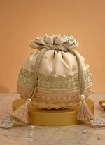 Amyra Beige Silk Potli With Mint Green And Pink WorkShop Jashn