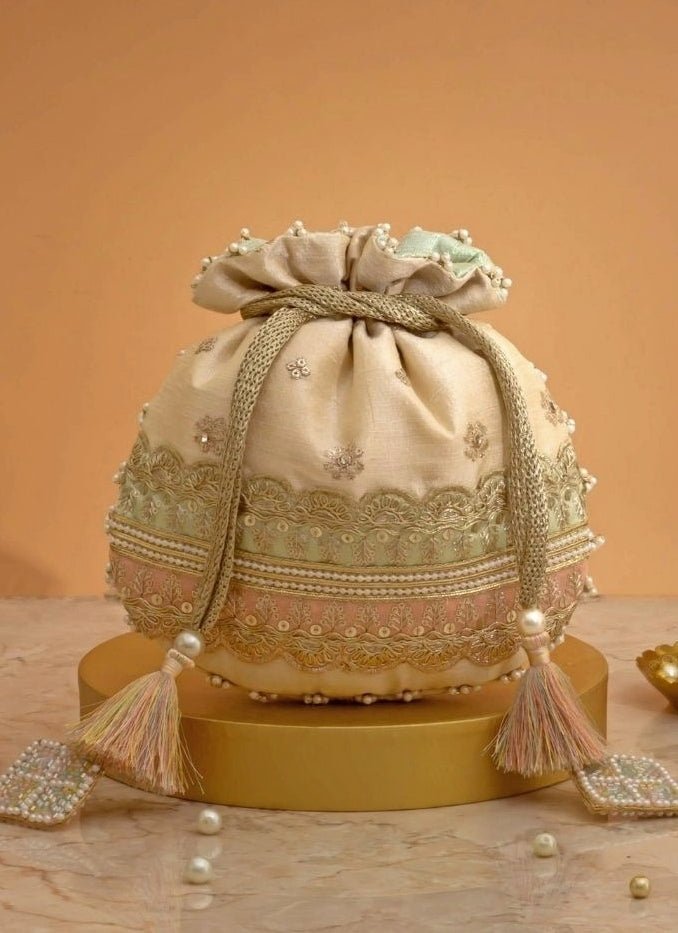 Amyra Beige Silk Potli With Mint Green And Pink WorkShop Jashn