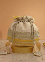 Amyra Beige Silk Potli With Mint Green And Yellow WorkShop Jashn