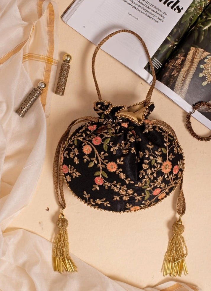 Black Embroidered Potli