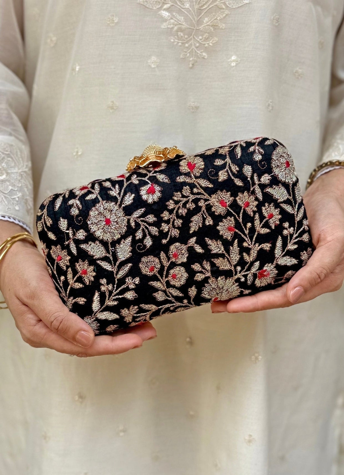 Amyra Black Embroidered Silk ClutchShop Jashn