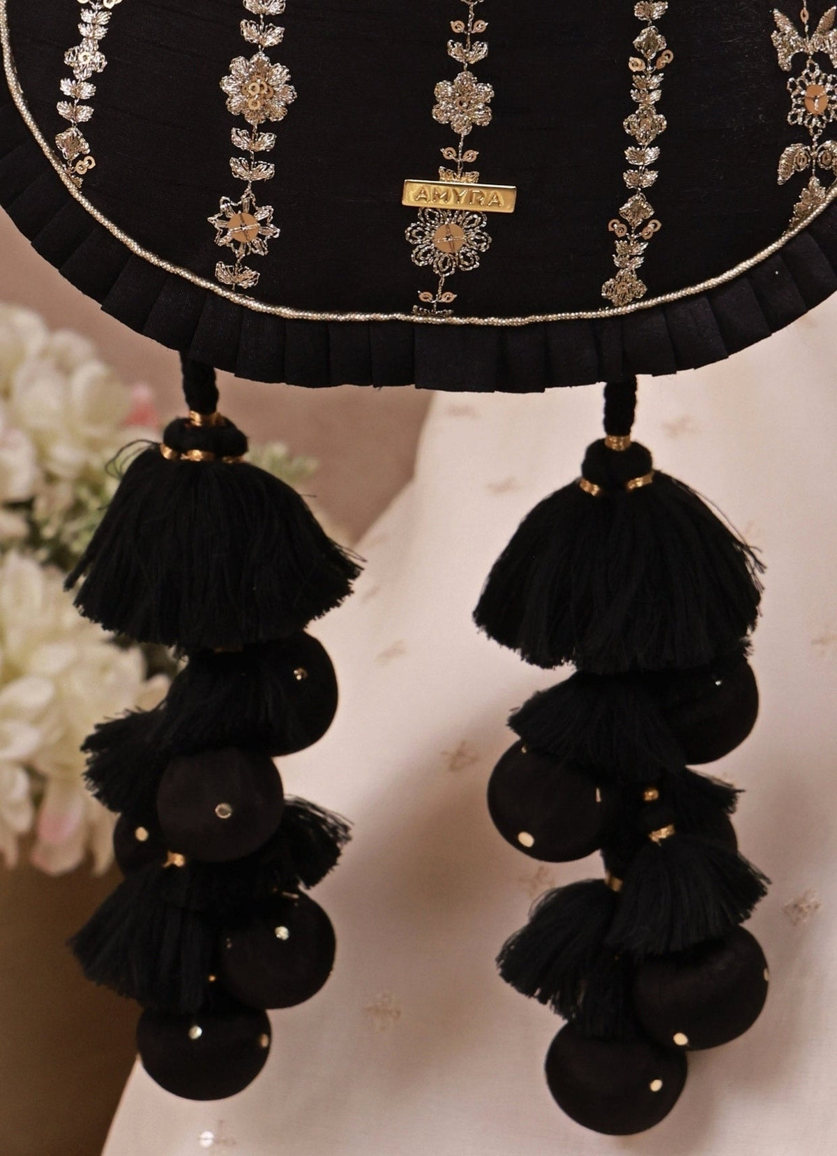 Amyra Black Embroidered Silk Pleated PotliShop Jashn