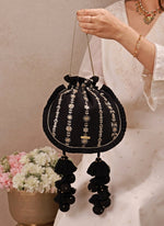 Amyra Black Embroidered Silk Pleated PotliShop Jashn