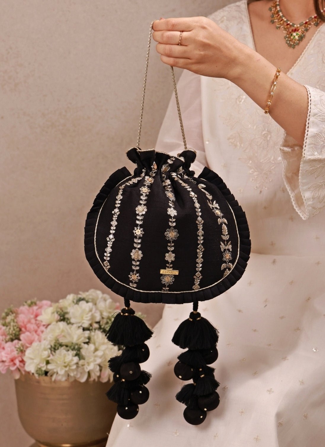 Amyra Black Embroidered Silk Pleated PotliShop Jashn