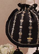 Amyra Black Embroidered Silk Pleated PotliShop Jashn