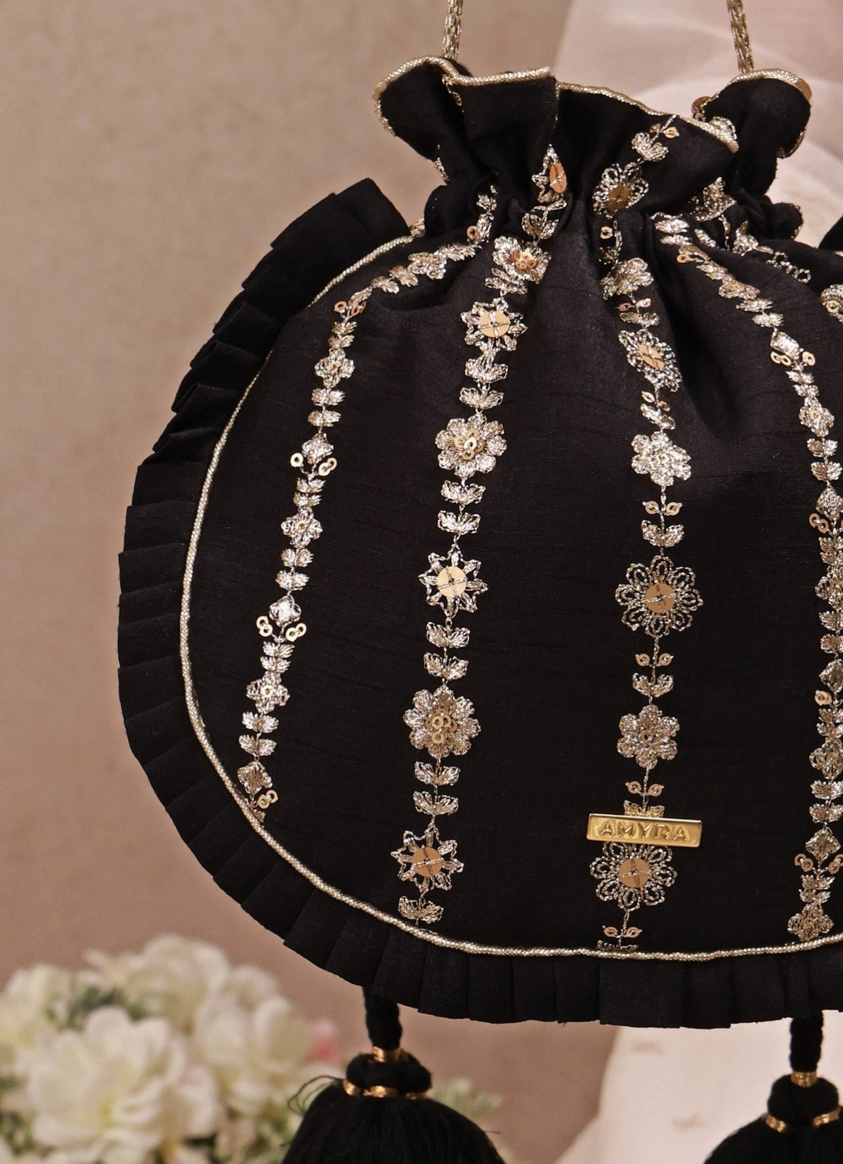 Amyra Black Embroidered Silk Pleated PotliShop Jashn