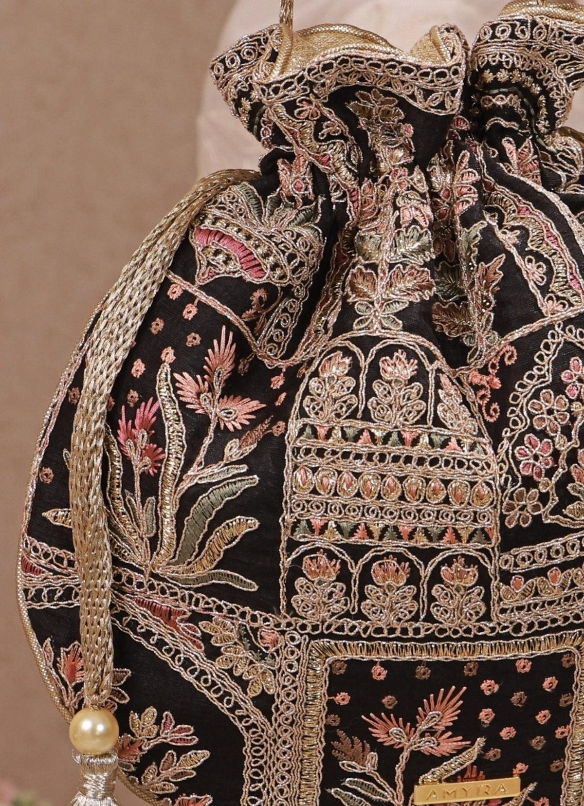 Amyra Black Embroidered Silk PotliShop Jashn
