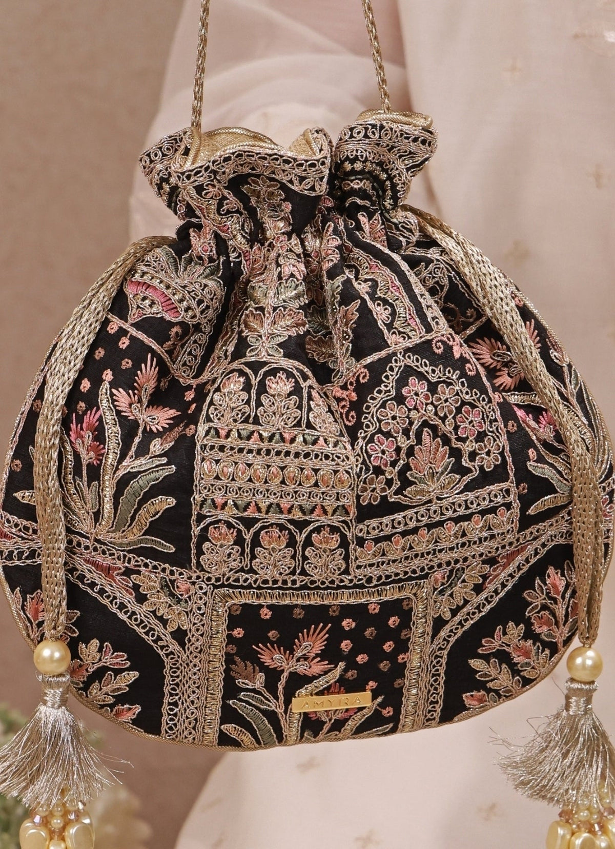 Amyra Black Embroidered Silk PotliShop Jashn