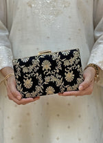 Amyra Black Embroidered Silk Sleek ClutchShop Jashn