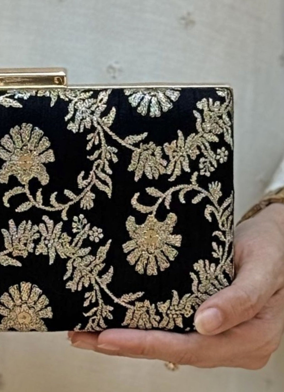 Amyra Black Embroidered Silk Sleek ClutchShop Jashn