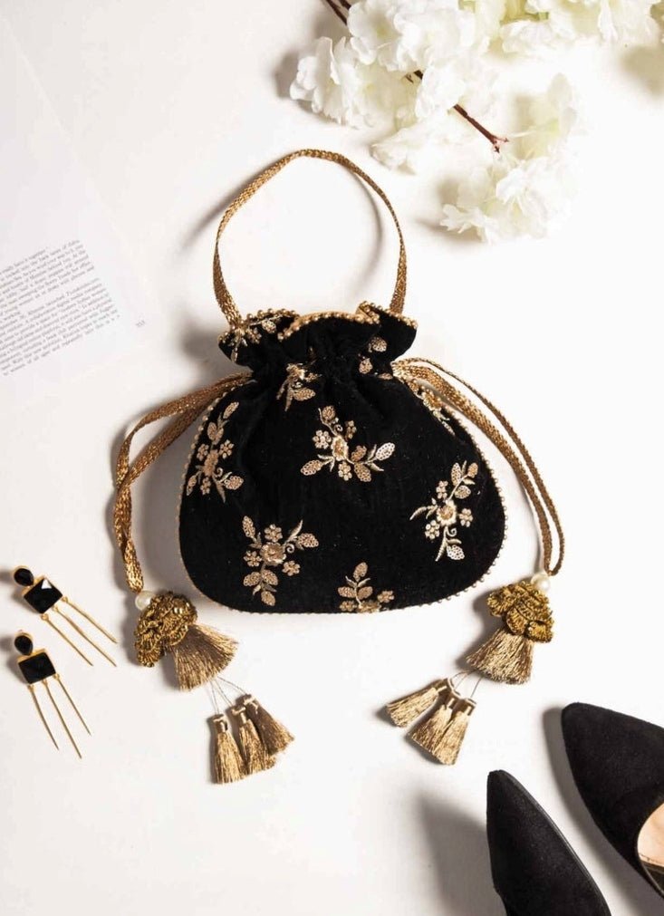 Black Embroidered Velvet Potli