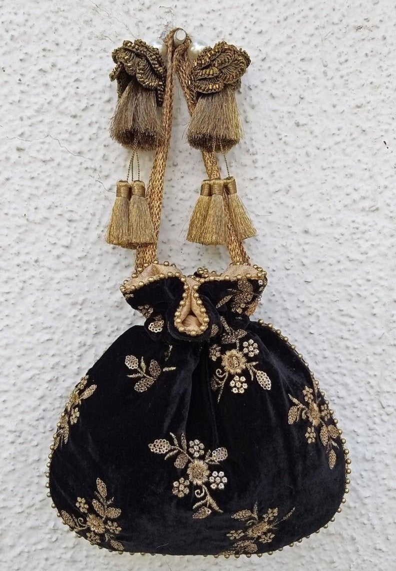 Black Embroidered Velvet Potli