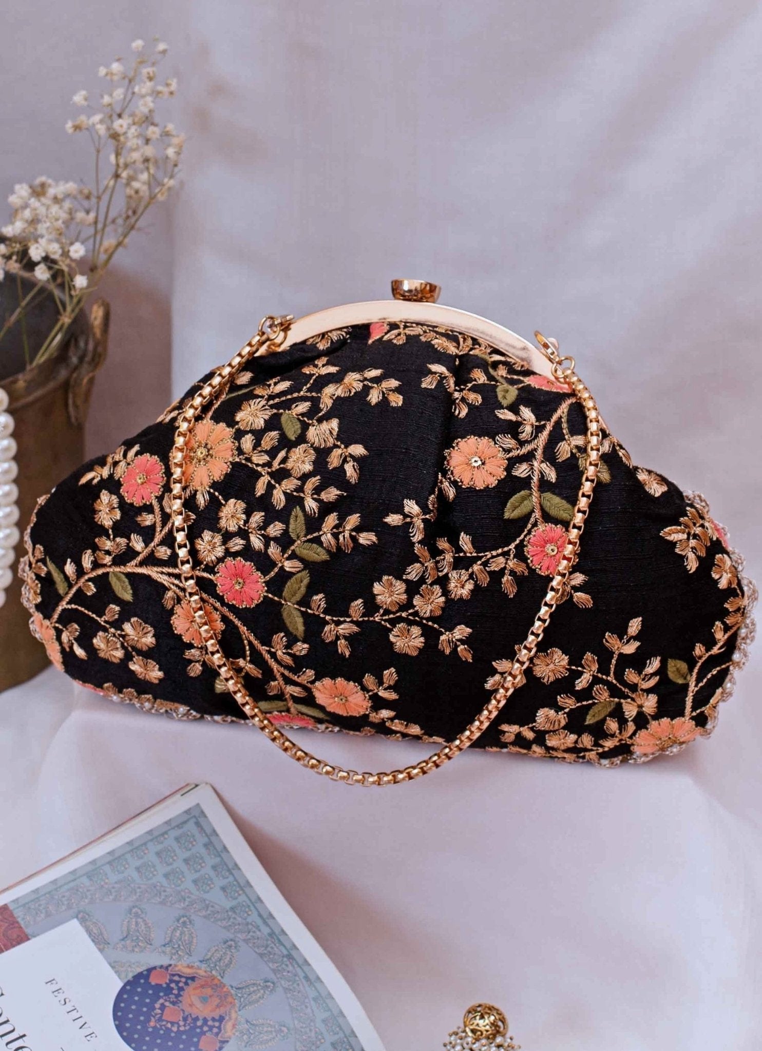 Black Embroidered Vintage Purse