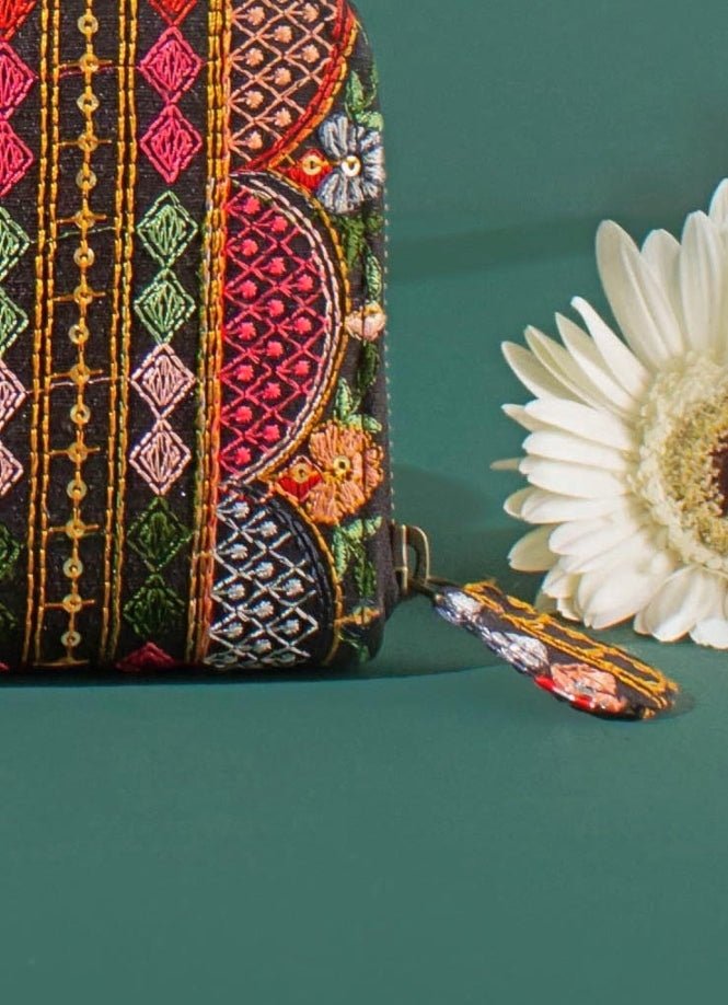 Black Embroidered Zip Wallet