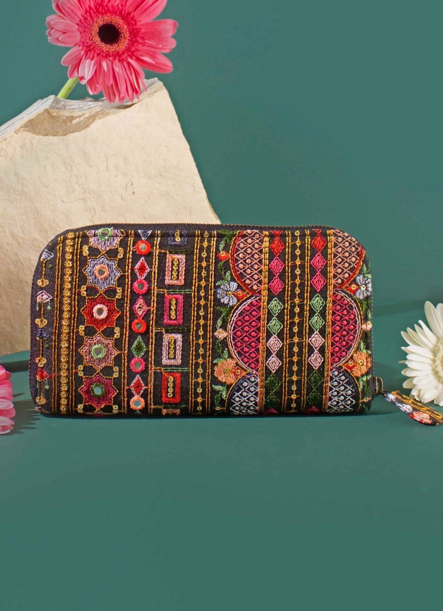 Black Embroidered Zip Wallet