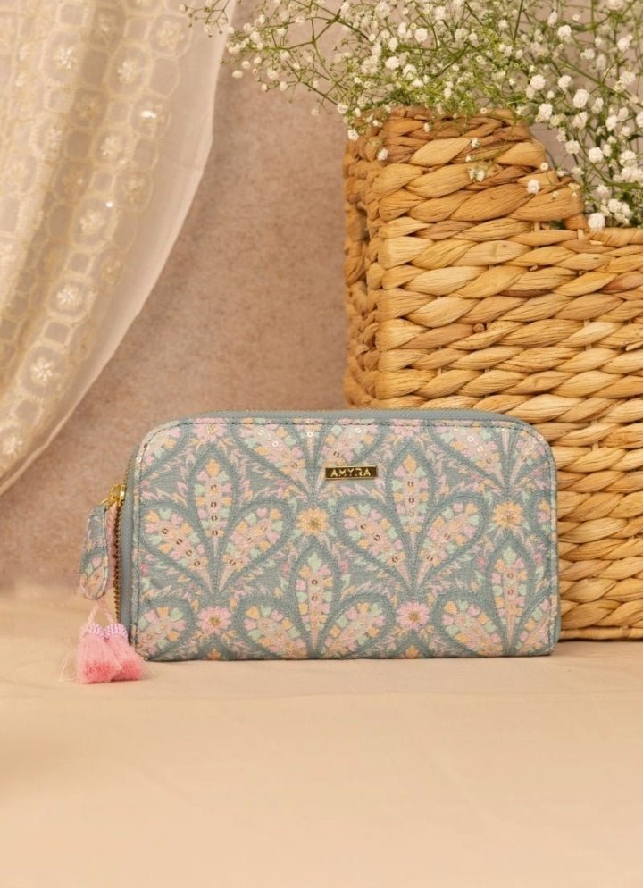 Blue Embroidered Zip Wallet