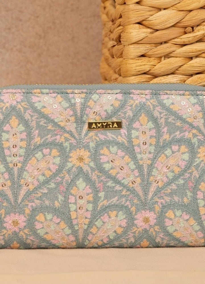 Blue Embroidered Zip Wallet