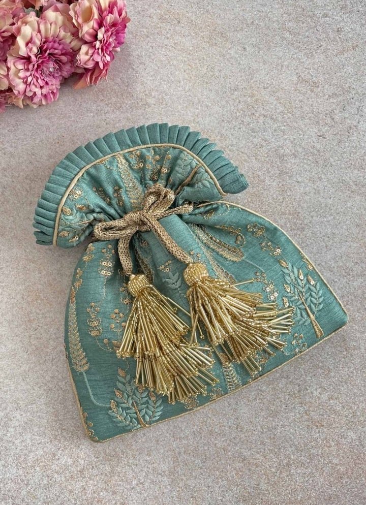 Blue Green Embroidered Potli