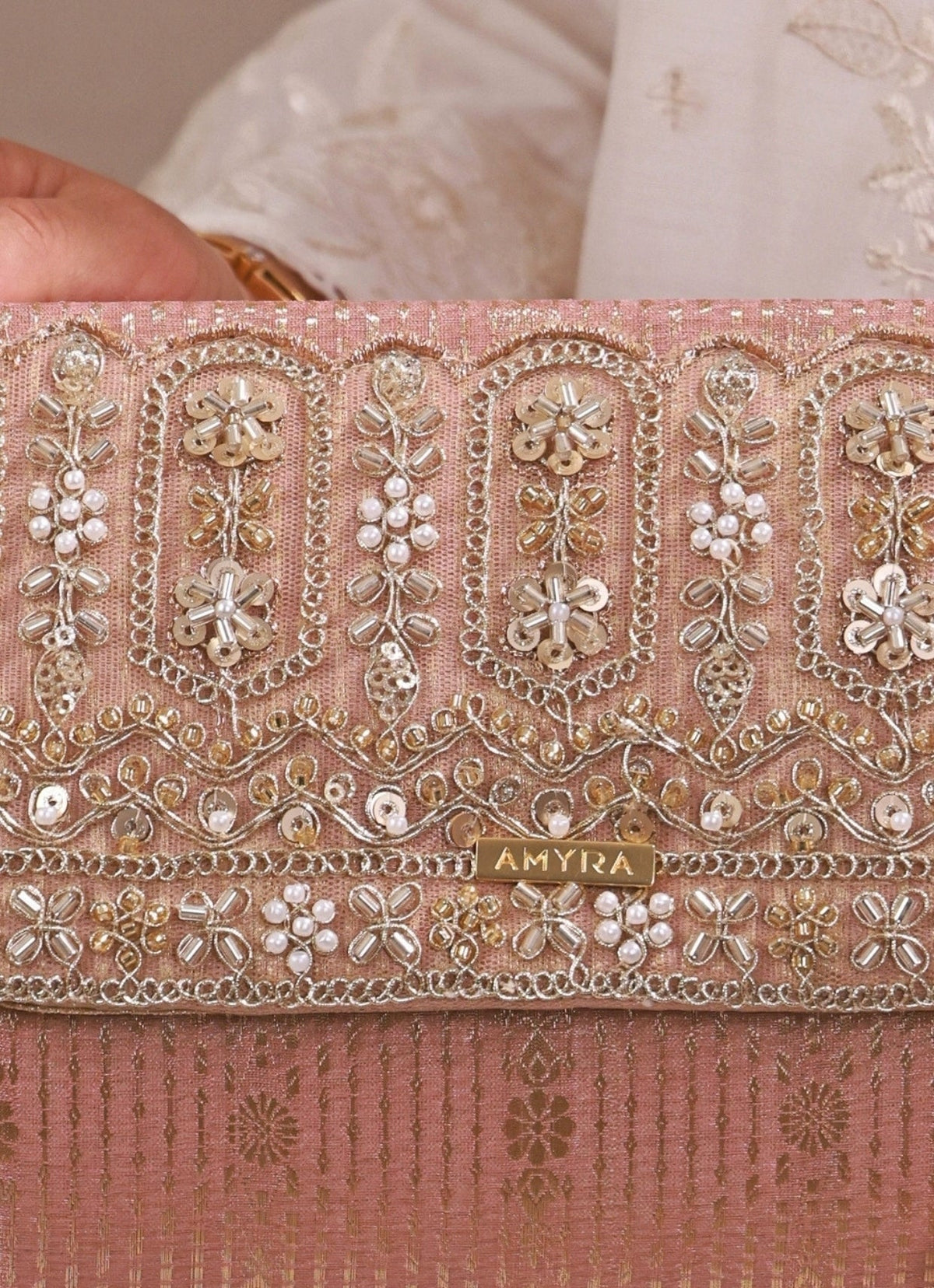 Amyra Blush Pink Embroidered Organza Silk Flapover BagShop Jashn
