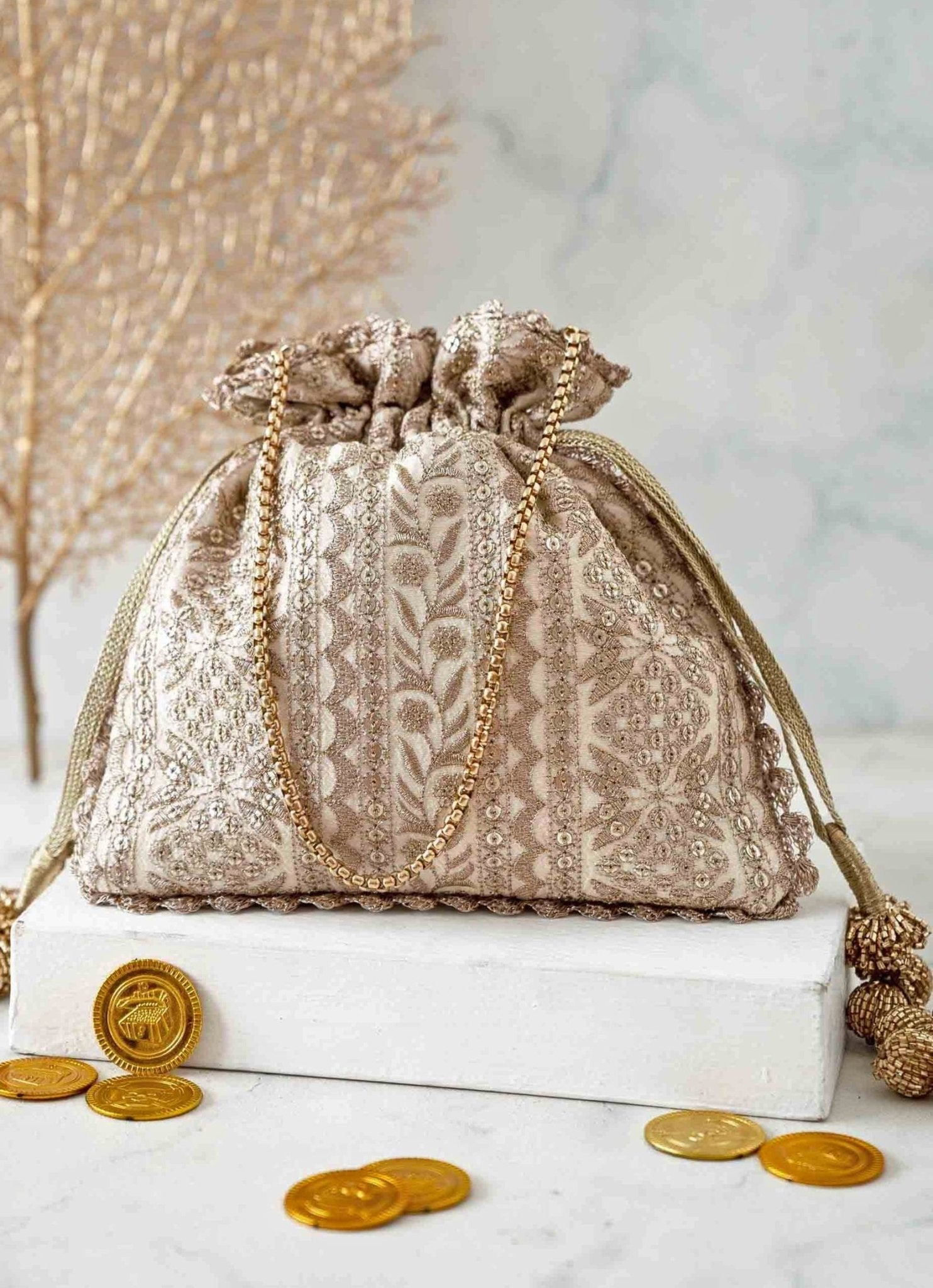 Cream Embroidered Potli