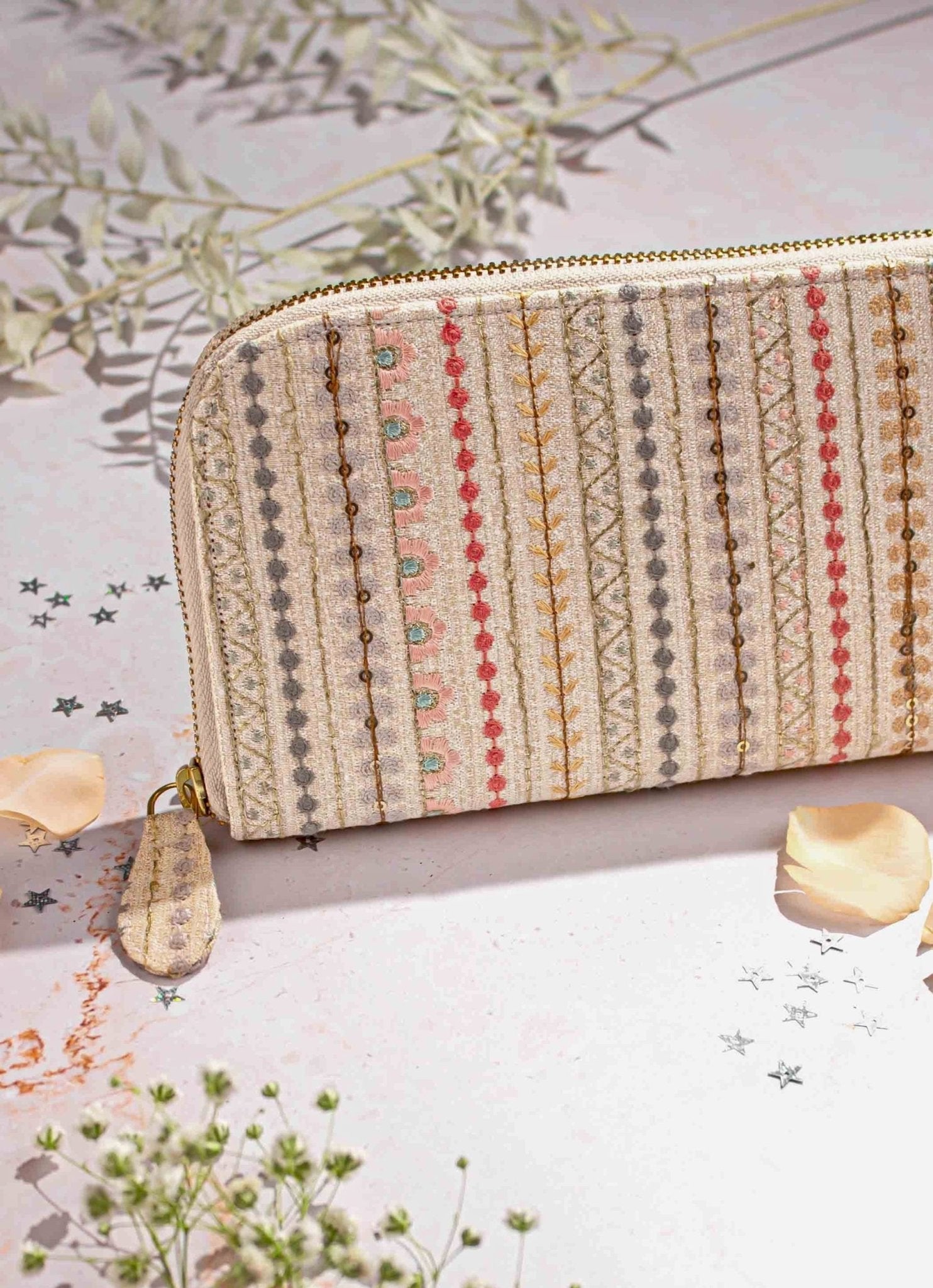 Cream Embroidered Zip Wallet