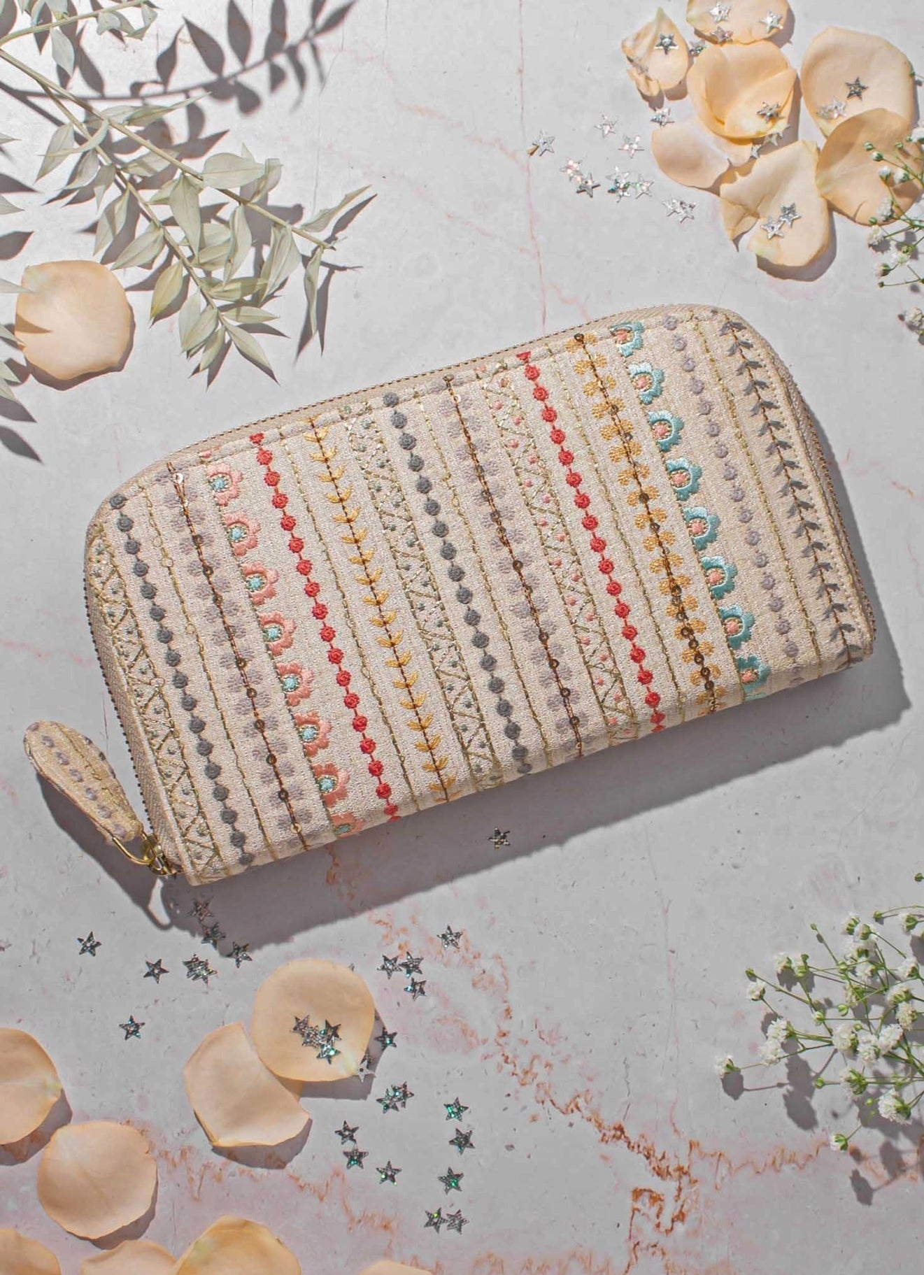 Cream Embroidered Zip Wallet