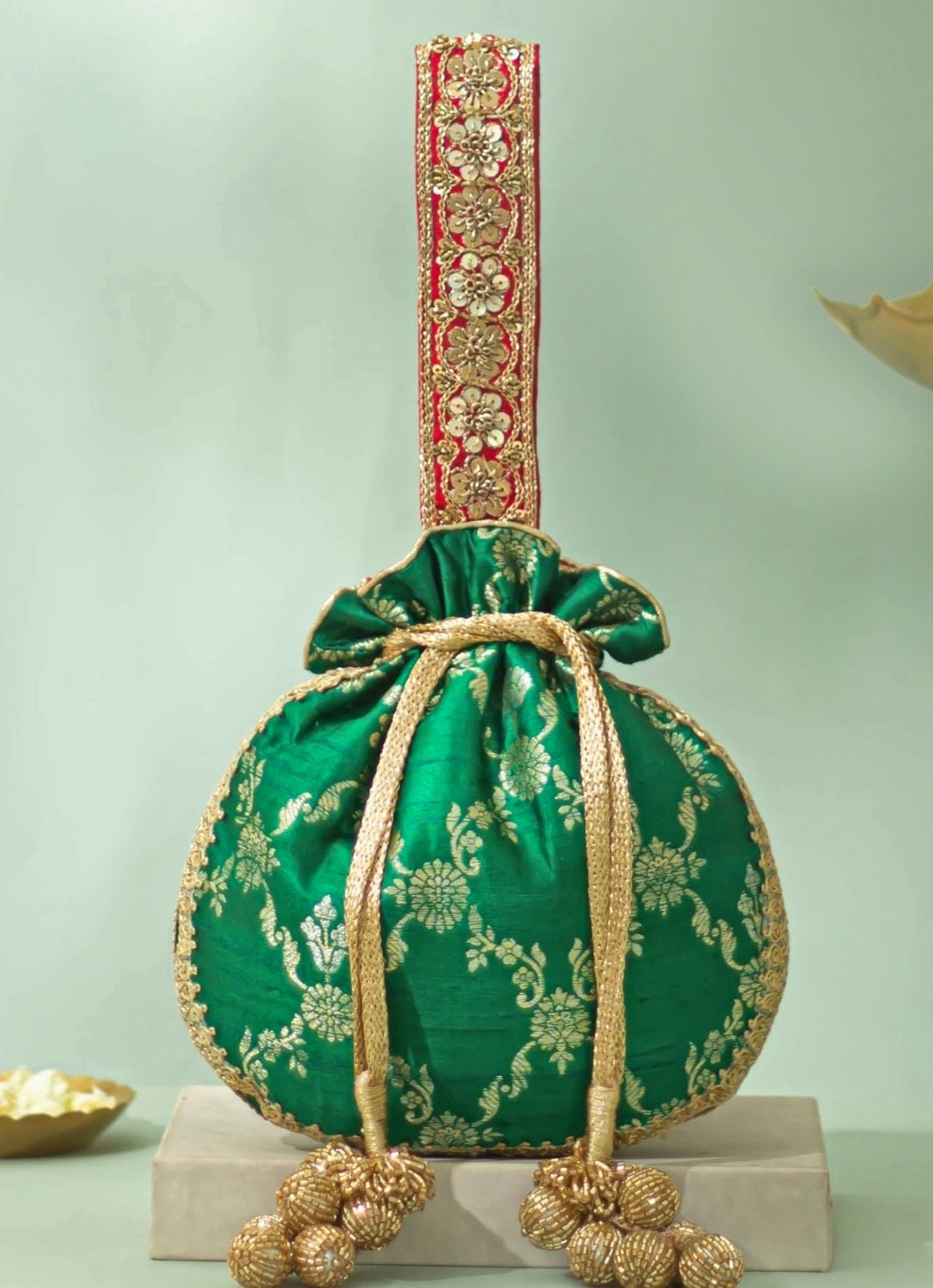 Deep Green Raw Silk Embroidered Potli