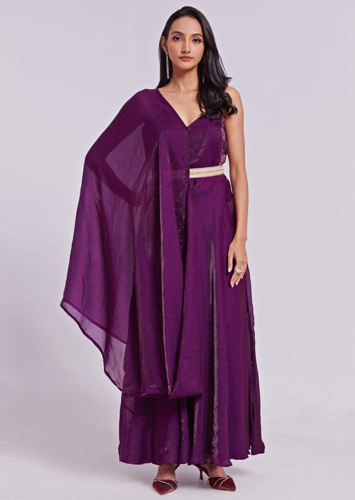 Wine Organza Anarkali Gown With Dupatta