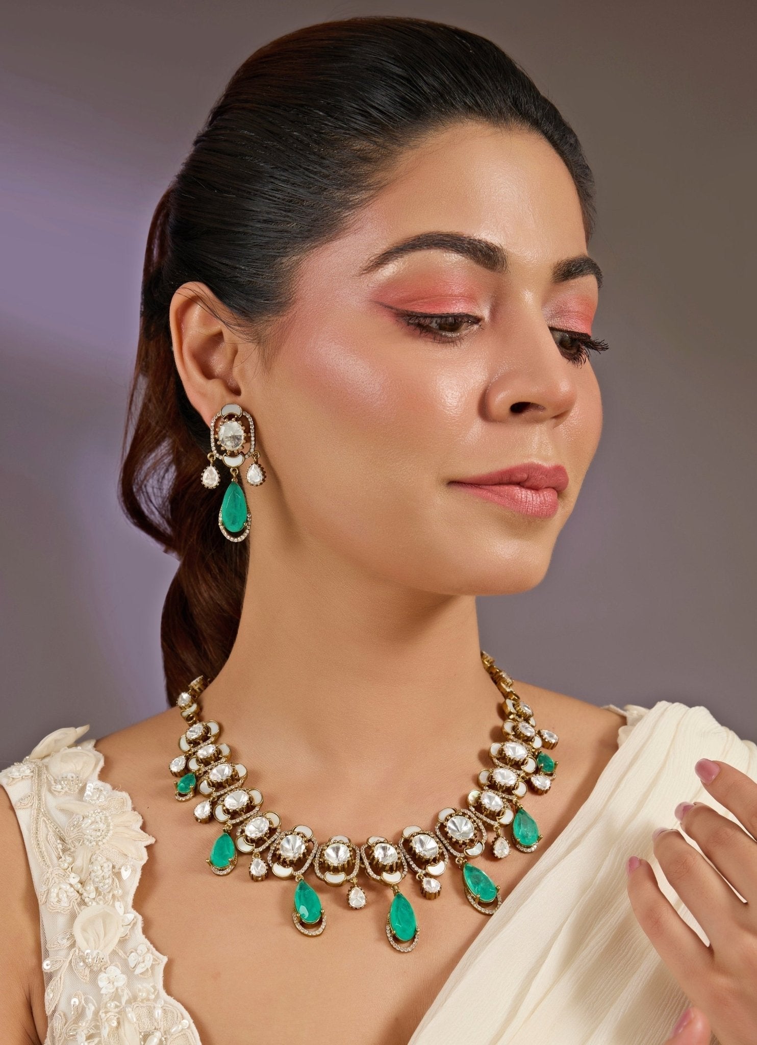 Vivinia by Vidhi Mehra Elegant Green Drop Kundan Necklace SetFabilicious Fashion