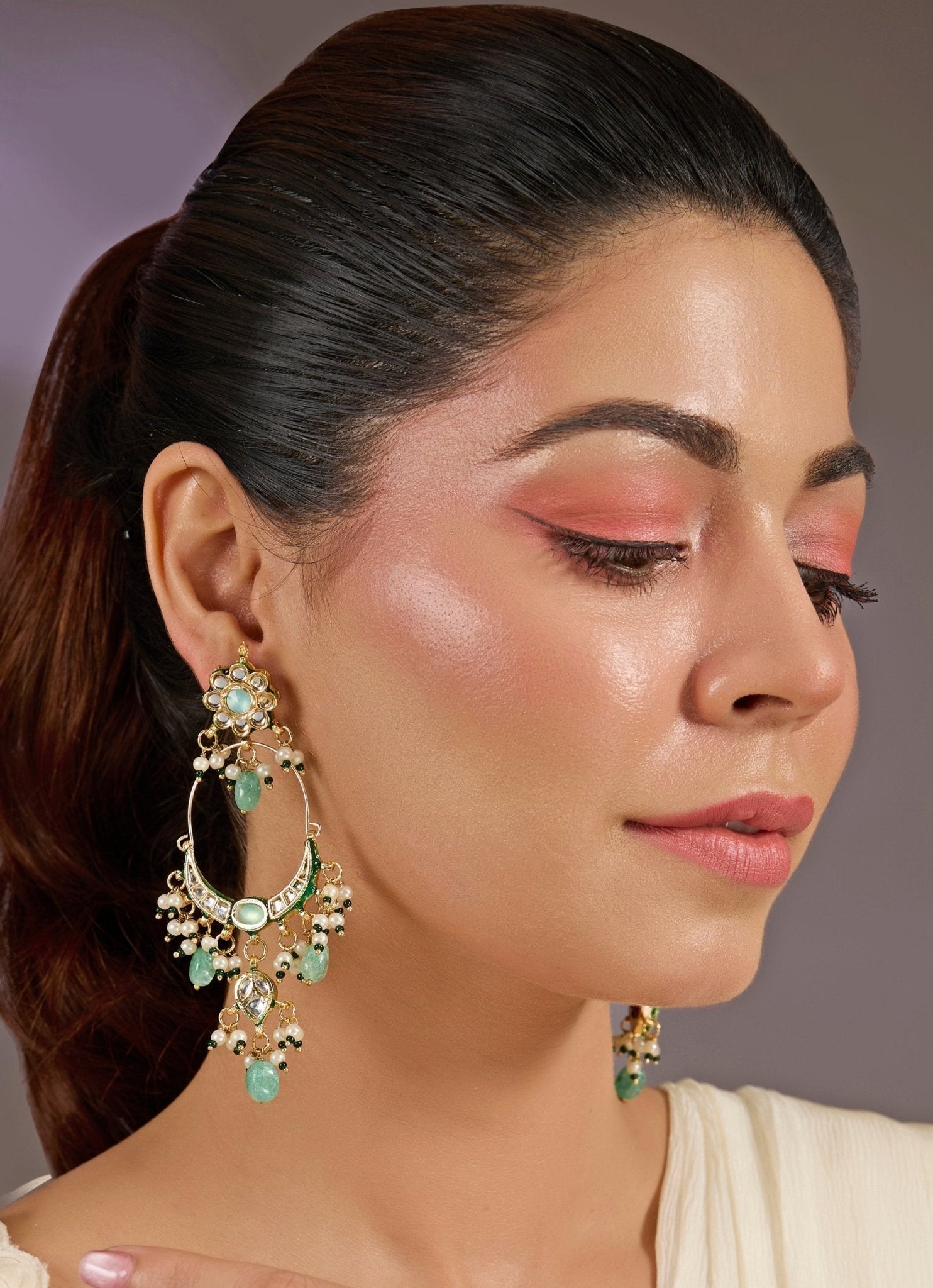 Vivinia by Vidhi Mehra Emerald Green And Kundan Chandbali EarringsFabilicious Fashion